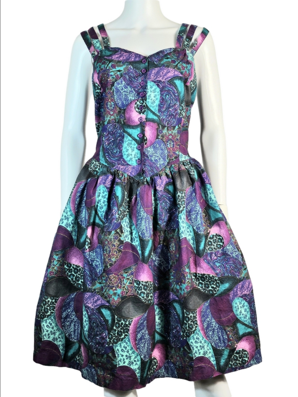 Vintage 90s Carolina Colours Cotton Jewel Tone Triple Strap Fit & Flare Dress